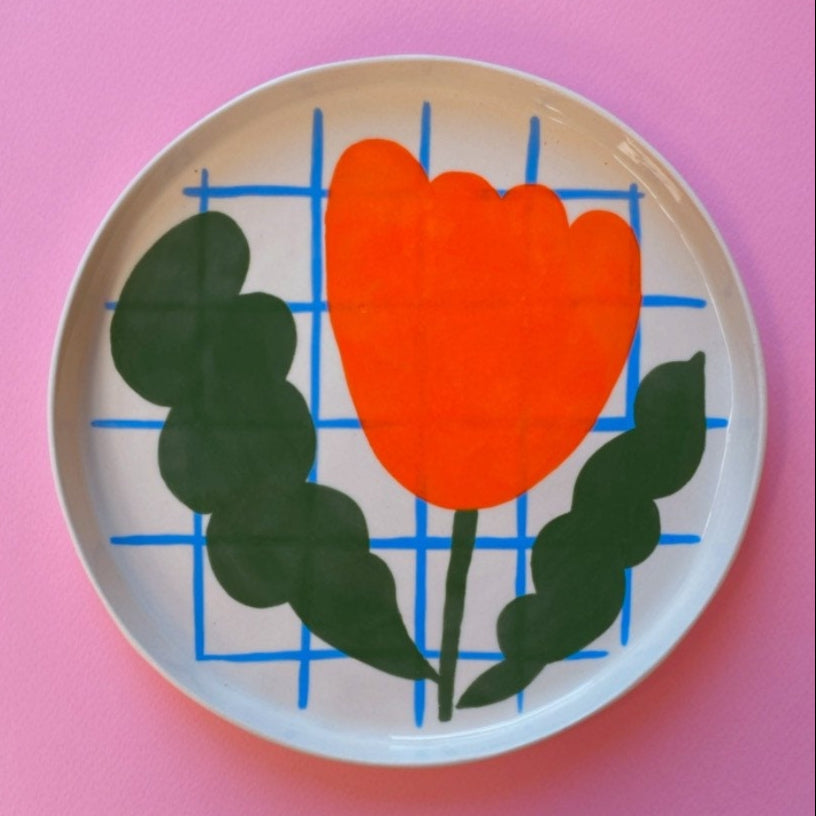 Red Tulip Plate / Girl / Handmade Ceramic Plate, Cool Wall Plate, Unique Serving Plate, Cute Plate