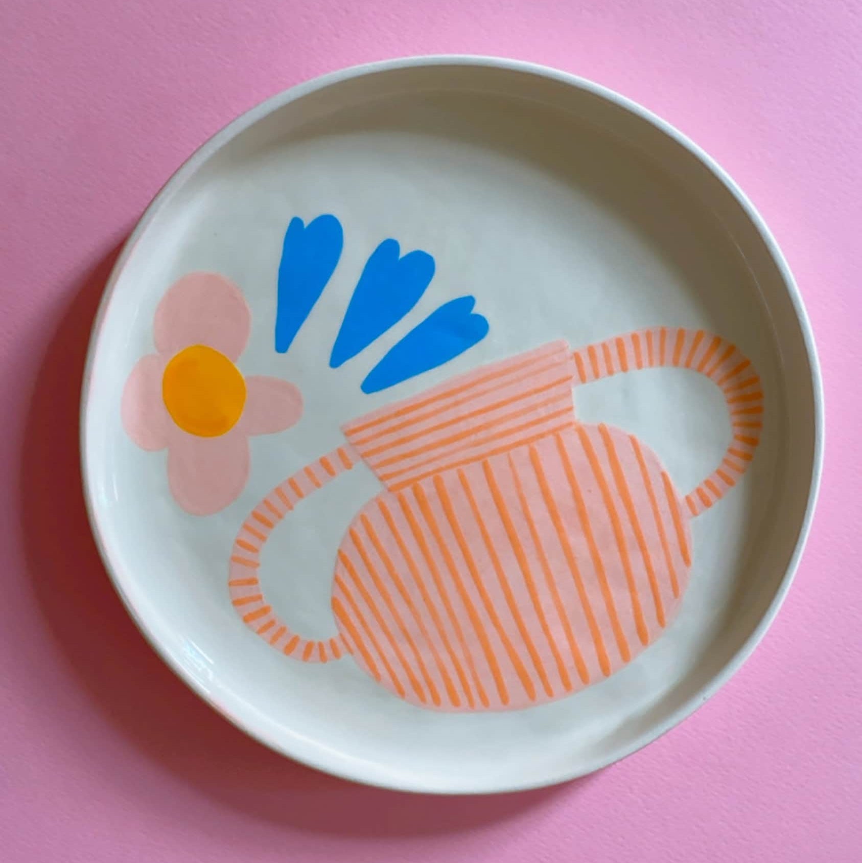 Pink Vase Ceramic Plate | Handmade Glazed Ceramic Serving Plate, Hand Painted Aesthetic Kitchenware