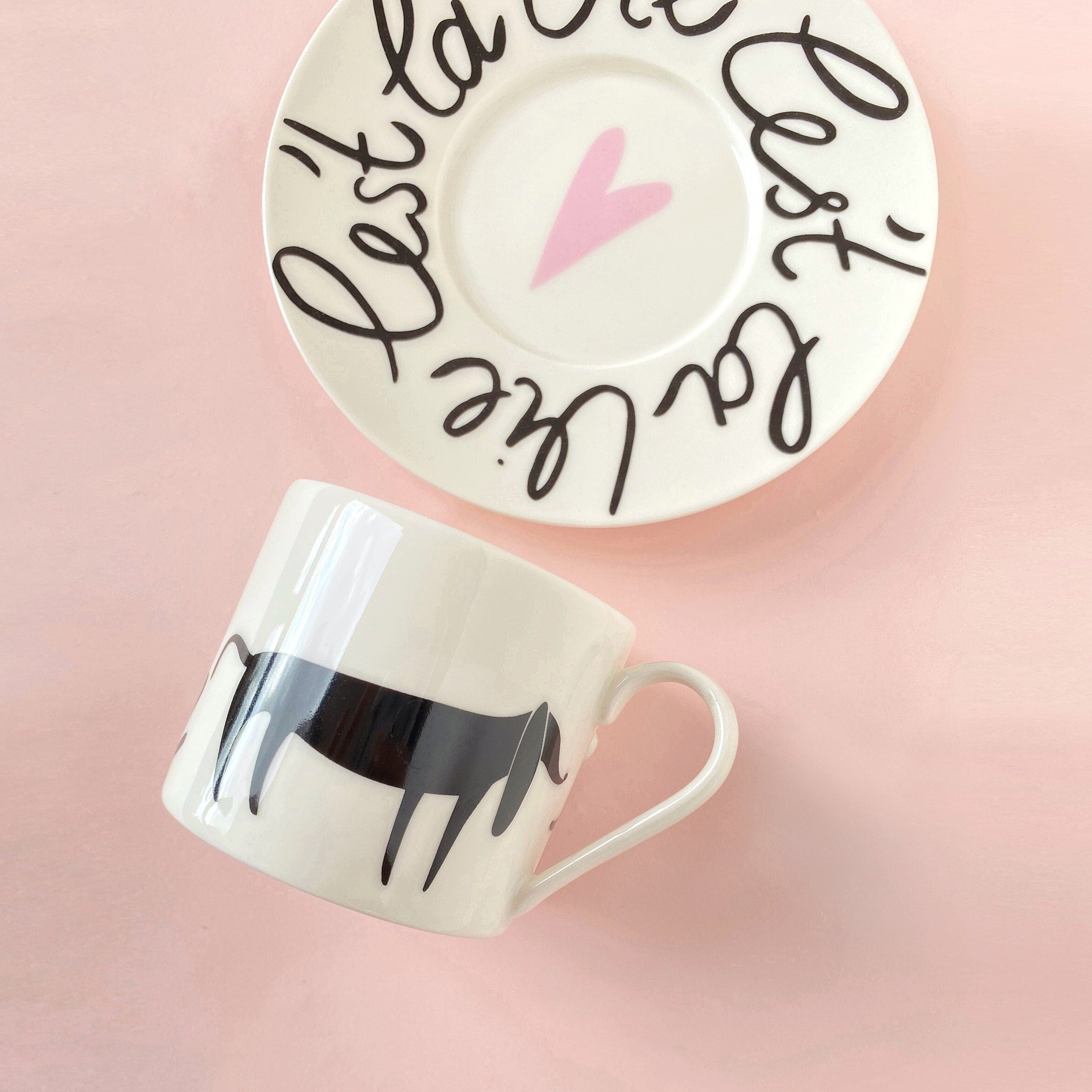 C'est La Vie Coffee Mug Set | Francophile Fine Porcelain Tea Cup Set | Unique Design Aesthetic Kitchenware