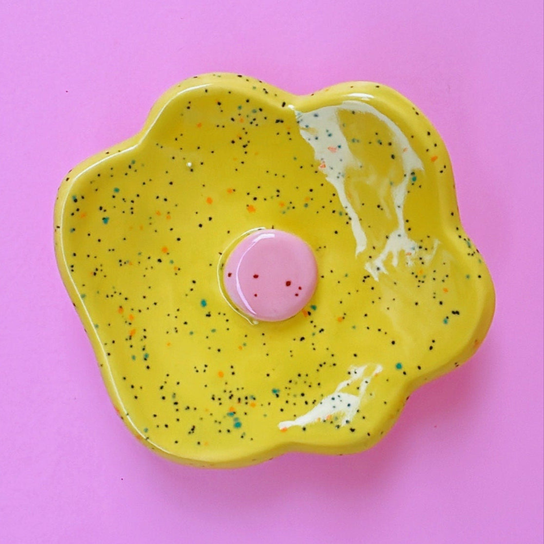 Yellow Flower Spoon Rest | Hand-shaped and Hand-made Ceramic Jewelry Dish | Original Design Aesthetic Kitchenware