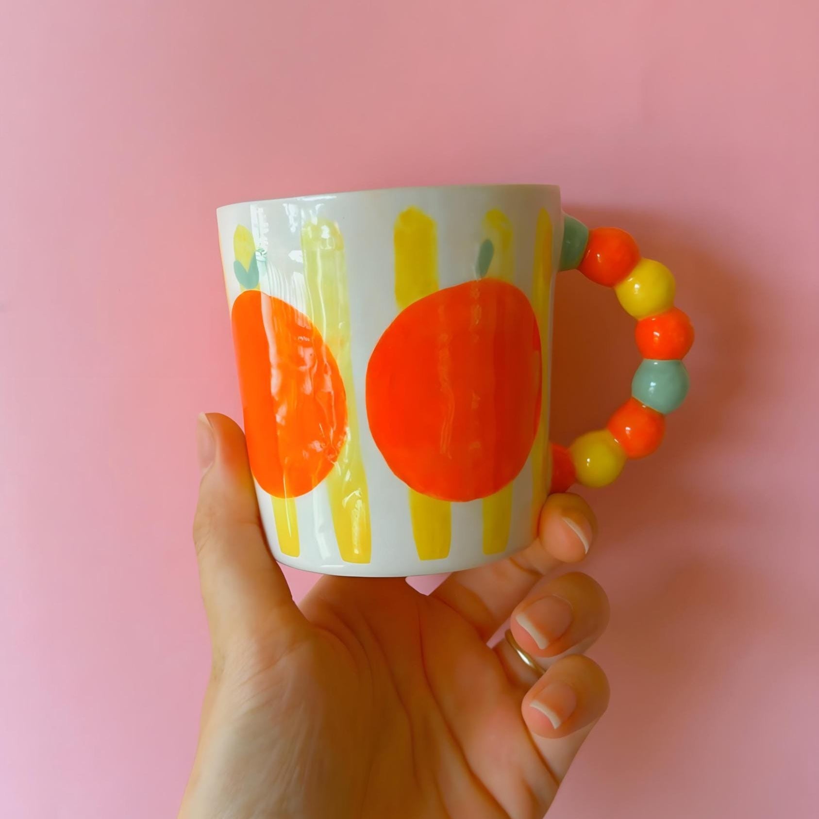 Handmade Orange Mug | Hand-painted Ceramic Coffee Mug with Unique Handle